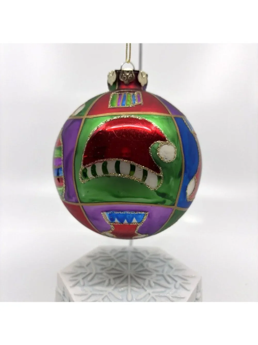 Vtg Komozja Joy to the World Glitterazzi Hand Painted Polish Glass Ball Ornament